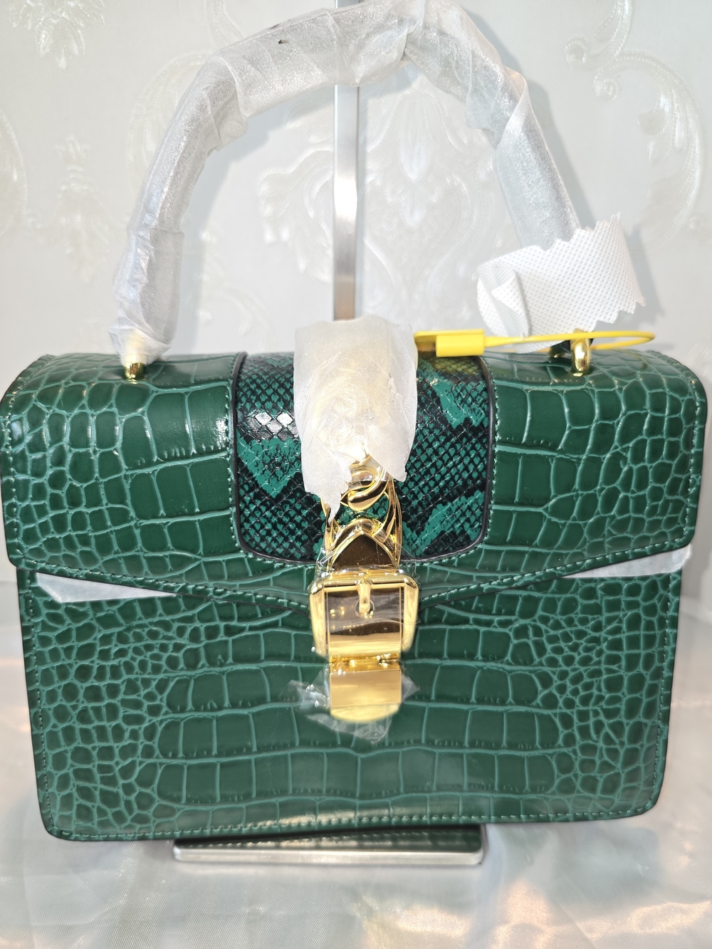 Women’s Green Croc-Embossed Top Handle Bag with Gold Hardware & Crossbody